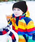 Child in colorful winter jacket next to snowman, not wearing Three Hole Full Face Balaclava Gaiter For Outdoor Sports And Cycling.