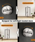 Brushed Nickel Interior Door Knobs Set For Bedroom And Bath Satin Ball Privacy Knobs No Key Needed Inside Thumb Turn Lock Easy Install Durable Stainless Steel 10 Pack showing left and right-handed door installation.