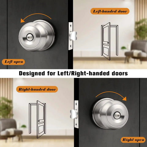 Brushed Nickel Interior Door Knobs Set For Bedroom And Bath Satin Ball Privacy Knobs No Key Needed Inside Thumb Turn Lock Easy Install Durable Stainless Steel 10 Pack showing left and right-handed door installation.