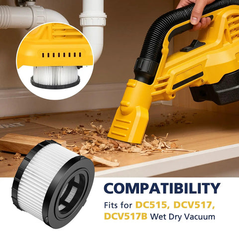 DC5151H Replacement Vacuum Filter For DC515 And DCV517 Wet Dry Vacs pictured in use with wood debris capture