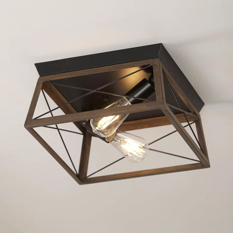 Two-Light Briarwood Flush Mount Ceiling Light In Antique Bronze With Faux Wood Oak Finish, 12 By 6 Inch, mounted on ceiling