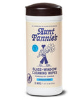 Front view of Aunt Fannie's Glass & Window Cleaning Wipes canister with beige label and brown cap, 35 wipes.