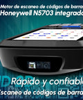 Close-up of a rugged Android 12 barcode scanner showing Honeywell N5703 integrated scan engine and touchscreen interface.