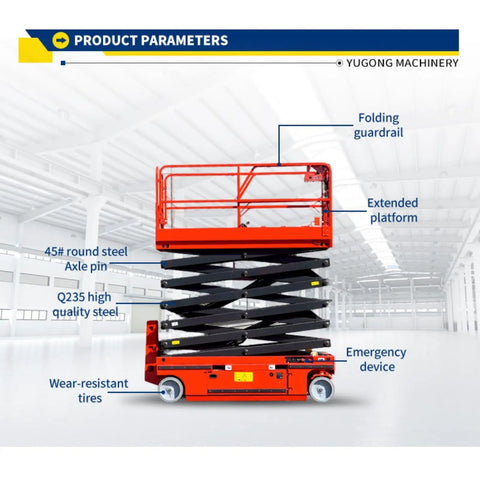 Shop Tough Heavy Duty Scissor Lift Platform Built Like A Tank For Industrial Material Handling And Machine Installation Featuring Reinforced Steel Base And Rock Solid Guardrails showcasing extended platform and folding guardrails.