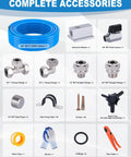 Complete kit showing 100 ft blue 3/4" ID HDPE tubing, aluminum blocks, valves, fittings, and tools for Heavy Duty Garage Air Line Kit With Three Quarter Inch ID HDPE Aluminum Piping 100 Foot Run 200 PSI Capacity 90 Piece Fittings Pack DIY Friendly No Fuss Install For Shop Air Compressor Lines And Tools.
