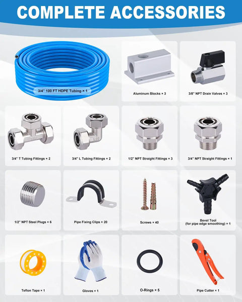 Complete kit showing 100 ft blue 3/4" ID HDPE tubing, aluminum blocks, valves, fittings, and tools for Heavy Duty Garage Air Line Kit With Three Quarter Inch ID HDPE Aluminum Piping 100 Foot Run 200 PSI Capacity 90 Piece Fittings Pack DIY Friendly No Fuss Install For Shop Air Compressor Lines And Tools.
