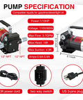 Plug And Play 110V AC Gasoline Fuel Transfer Pump 3.7 GPM Self Priming Oil And Diesel Pump specifications and parts layout.