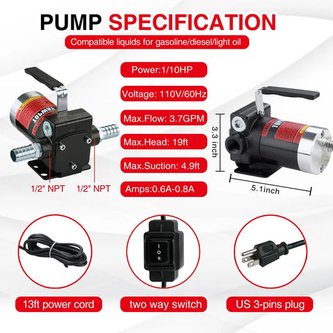 Plug And Play 110V AC Gasoline Fuel Transfer Pump 3.7 GPM Self Priming Oil And Diesel Pump specifications and parts layout.