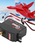 Rock Solid Digital Servo With 25 Gram Metal Gear For 1/12 RC Cars And Boats delivering coreless motor power next to an RC jet.