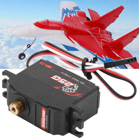 Rock Solid Digital Servo With 25 Gram Metal Gear For 1/12 RC Cars And Boats delivering coreless motor power next to an RC jet.
