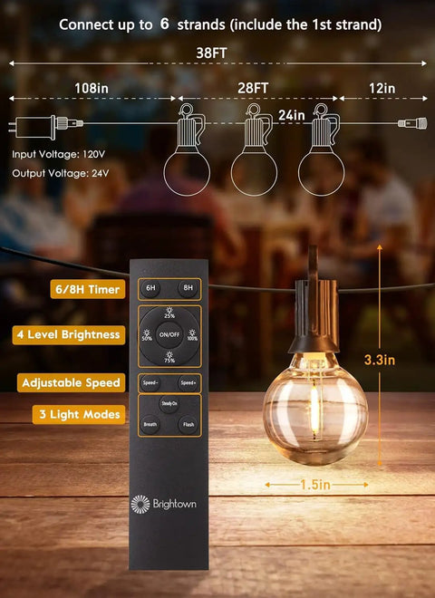 38Ft Outdoor String Lights With Remote, 15 Shatterproof LED Bulbs, Waterproof Patio Hanging Lights for Porch or Balcony, remote and bulb