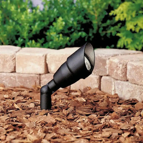 Accent Outdoor 12V Low Voltage Path Light, 1-Light MR-16, Textured Black Finish, installed with ground stake in garden