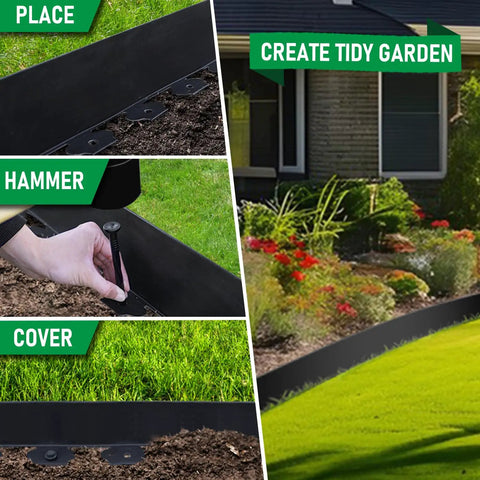 40 Foot Landscape Edging Kit With 48 Spikes Flexible Lawn Border installation steps and tidy garden view.
