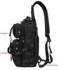 Side view of Rugged Tactical Sling Bag For EDC Gear Crossbody Chest Pack With MOLLE System 600D Nylon, black with secure buckles and strap.