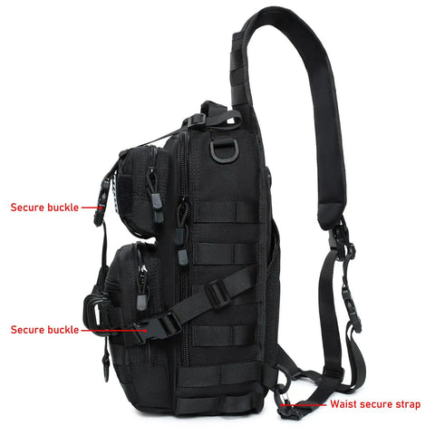 Side view of Rugged Tactical Sling Bag For EDC Gear Crossbody Chest Pack With MOLLE System 600D Nylon, black with secure buckles and strap.