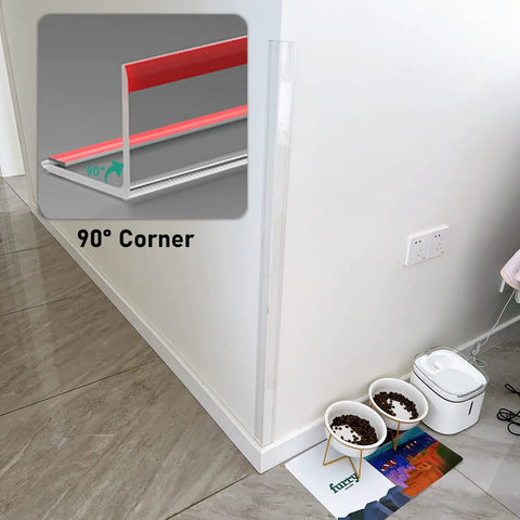 Clear Plastic Corner Guard Strip Self Adhesive Peel And Stick Wall Protector Tough Petg Edge Trim For Sharp Corners Easy No Sweat Home Setup Real Deal 90 Degree Angle 17Mm Wide 90Cm Long installed on a wall corner.