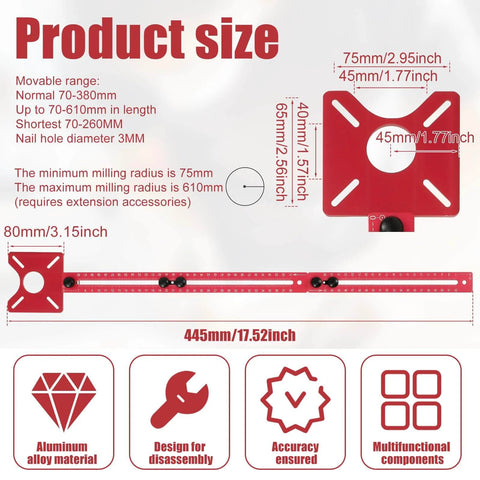 4 In 1 Router Milling Groove Bracket Kit With Extended Circle Milling Guide, Circle Cutting Jig, specifications illustration