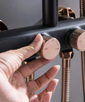 Top Shelf Wall Mounted Rain Shower Combo Set With Smooth Handheld Sprayer And Bathtub Faucet Featuring Sleek Rose Gold And Matte Black Finish For A No Sweat Bathroom Upgrade, showing controls.