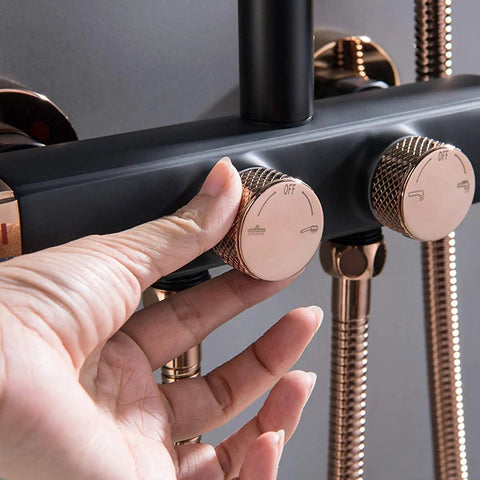 Top Shelf Wall Mounted Rain Shower Combo Set With Smooth Handheld Sprayer And Bathtub Faucet Featuring Sleek Rose Gold And Matte Black Finish For A No Sweat Bathroom Upgrade, showing controls.