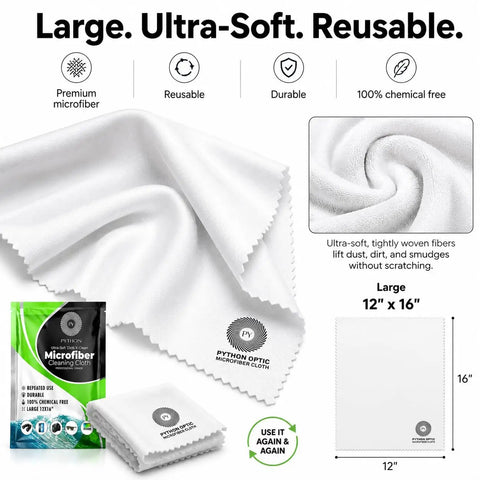 Premium OLED Cleaning Cloth For High End Screens 12 X 16 Inches Ultra Soft 0.5 Denier Microfiber With Split Fiber Technology That Lifts Fingerprints Dust And Oils Without Scratching Safe For Anti Glare Coatings. Large white microfiber cleaning cloth shown with packaging and size guide