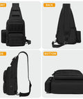 Tactical Sling Bag Crossbody For Men And Women EDC Shoulder Pack With MOLLE, Lightweight 600D Nylon Chest Bag For Hiking in black, front, back, side, bottom views