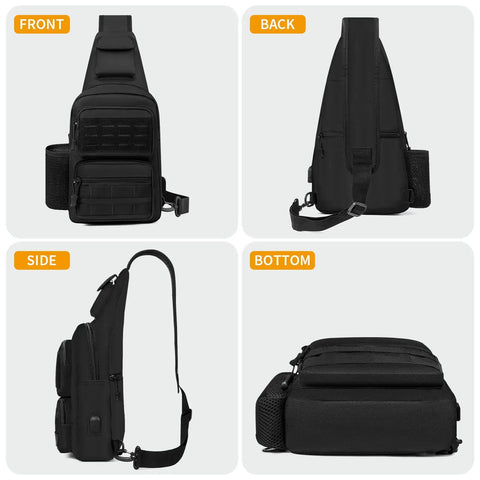 Tactical Sling Bag Crossbody For Men And Women EDC Shoulder Pack With MOLLE, Lightweight 600D Nylon Chest Bag For Hiking in black, front, back, side, bottom views