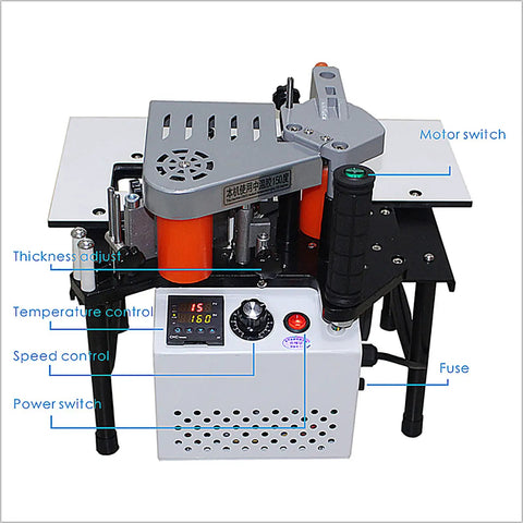 Benchtop Edge Bander Portable Woodworking Banding Machine with control panel, 1200W, compact tool, for straight and arc edges.