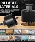 Top Tier 22 Piece Hole Saw Set With Heavy Duty High Carbon Steel Blades Covers 3/4 To 6 Inches, highlighting drillable materials for efficient cutting.