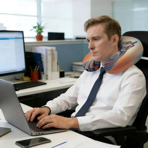 Man using U Shaped Travel Pillow With Memory Foam Core Orange Hippo Animal Design Neck Pillow For Airplane Car Office Or Home Use