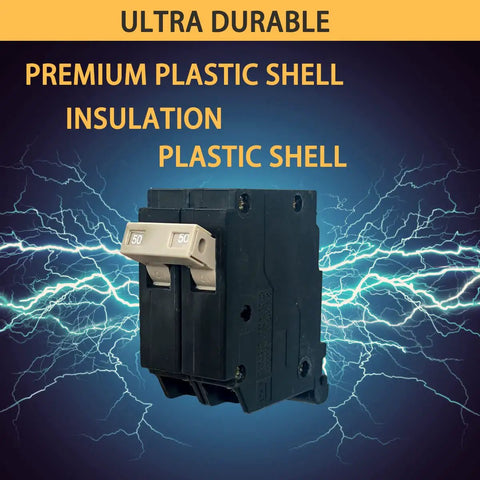 50 Amp 2 Pole Molded Case Circuit Breaker Plug In Type with premium plastic shell shown against electric background