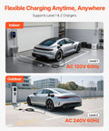 Indoor and outdoor scenes showcasing 21 Foot J1772 EV Charger Extension Cable 48 Amp Heavy Duty Charging Cord For Electric Cars.