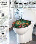Elongated Tropical Garden Lanterns Vibrant Flowers Sunset Toilet Seat on a standard white toilet with floral design.