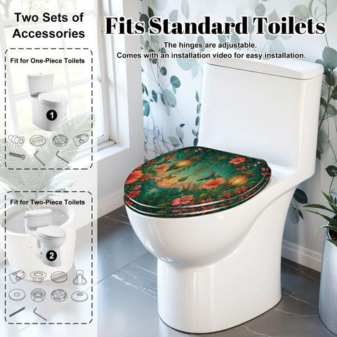 Elongated Tropical Garden Lanterns Vibrant Flowers Sunset Toilet Seat on a standard white toilet with floral design.