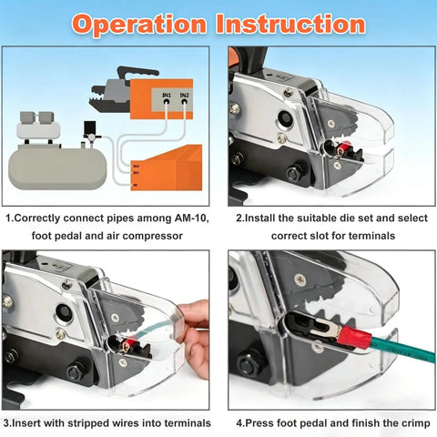 UILMLIO Pneumatic Crimping Tool Air Powered Wire Terminal Machine operation instructions for effective terminal crimping.