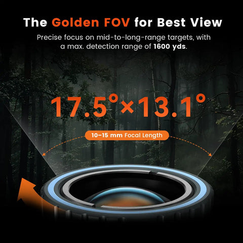 View of Night Vision Thermal Monocular For Android TNV30i focal length feature highlighting 17.5°x13.1° and 1600 yd range.