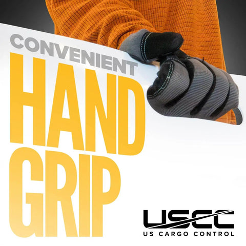 Gloved hand holding appliance slider pull strap emphasizing convenient hand grip by US Cargo Control.