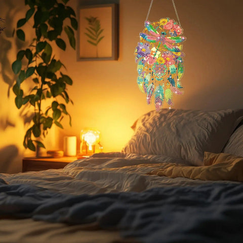 Twin Pack Hummingbird Dream Catcher Diamond Painting Kit For Adults with vibrant hanging suncatcher illuminating a bedroom