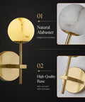 10 in Alabaster Wall Sconces Set of Two, Natural Marble Globe Wall Light showing gold base and alabaster globe design.