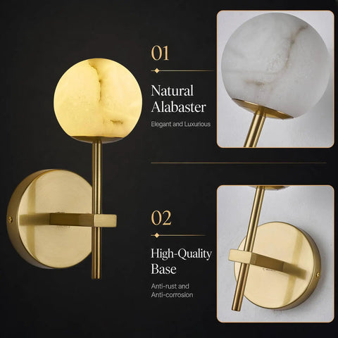 10 in Alabaster Wall Sconces Set of Two, Natural Marble Globe Wall Light showing gold base and alabaster globe design.