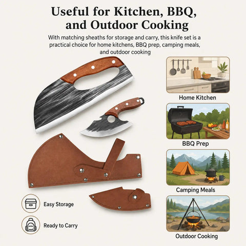 Two Piece Hand Forged Chef Knife And Boning Knife Set With Wooden Handle And Leather Sheath for kitchen, BBQ, and outdoor cooking