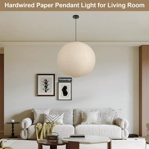 Large Off White Paper Pendant Light 23.6 Inch Japanese Rice Paper Ceiling Lamp With Cord And Canopy above cozy couch in living room.