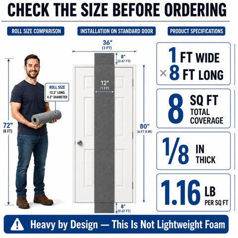 Badass Mass Loaded Vinyl Soundproofing Roll Rock Solid MLV Barrier Wall And Floor Noise Blocker One By Eight Foot Sheet shown with dimensions on a door.