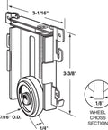Diagram of Premium 1-7/16 Inch Nylon Flat Edge Closet Door Roller Assembly with measurements for steel framed mirror doors.
