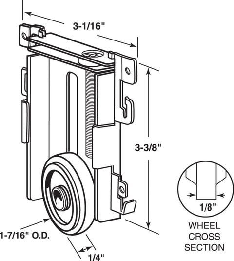 Diagram of Premium 1-7/16 Inch Nylon Flat Edge Closet Door Roller Assembly with measurements for steel framed mirror doors.