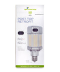 Built Different Heavy Duty LED Post Top Light packaging, shows selectable wattage options 80W, 100W, 110W, EX39 mogul base.