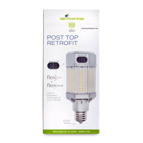 Built Different Heavy Duty LED Post Top Light packaging, shows selectable wattage options 80W, 100W, 110W, EX39 mogul base.
