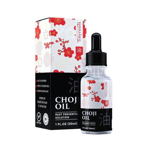 Choji Oil Tool Cleaning Kit For Knife And Sword Care bottle and box with floral design shown on white background.