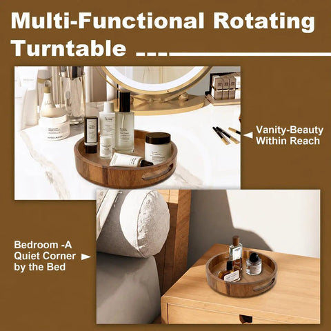 Straight Up Premium Acacia Wood Lazy Susan Turntable Organizer with Smooth 360 Degree Spin for Countertop storage with beauty products.