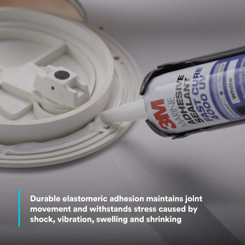 Applying Marine Adhesive 4000 UV PN06580 White sealant to boat fixture, medium-strength flexible waterproof bond, 295 mL cartridge