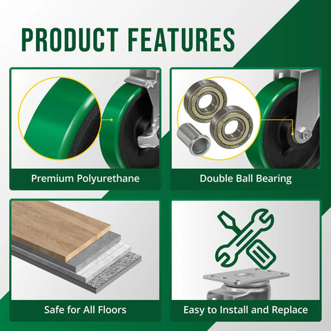 Product features of Heavy Duty 5 Inch Polyurethane On Steel Caster Wheels Set Of 4 Swivel Casters With 2200 Lb Capacity